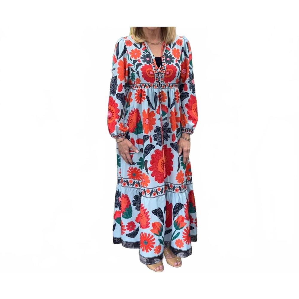 NEW ROSA CLOTHING vibrant bohemian tropical long sleeve dress in blue